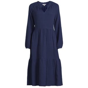 BeachLunchLounge 100% Cotton Ruffle Hem Midi Dress with Pockets in Navy Blue